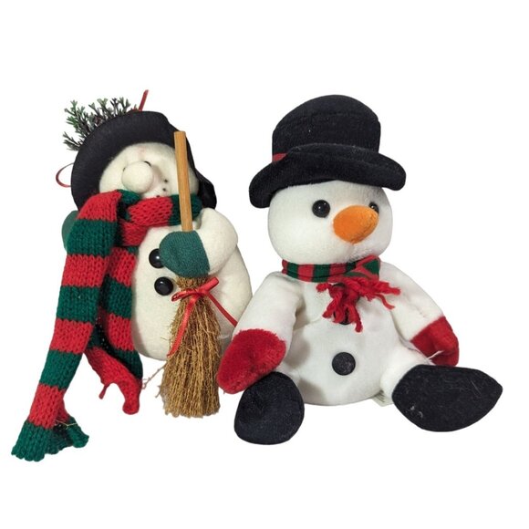 Holiday Snowmen Plush Black Hat Red Green Scarf Broom Ornament 2-Pc Vintage 1992 - Picture 1 of 8